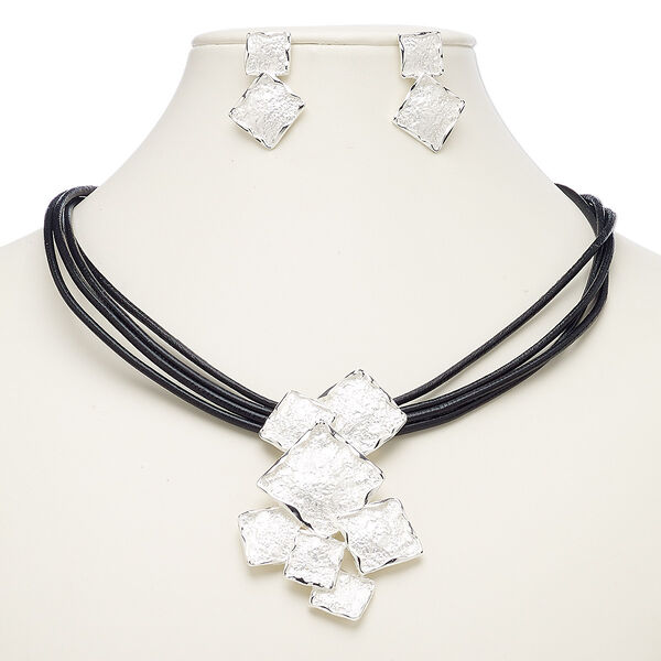 Necklace and earring set, 5-strand, leather (dyed) / imitation rhodium-plated brass / steel / "pewter" (zinc-based alloy), silver and black, 2-3/4 x 1-3/4 inch matte and shiny squares, 18-inch necklace with 2-inch extender chain and lobster claw clasp, 32mm earrings with post. Sold per set. image number 0