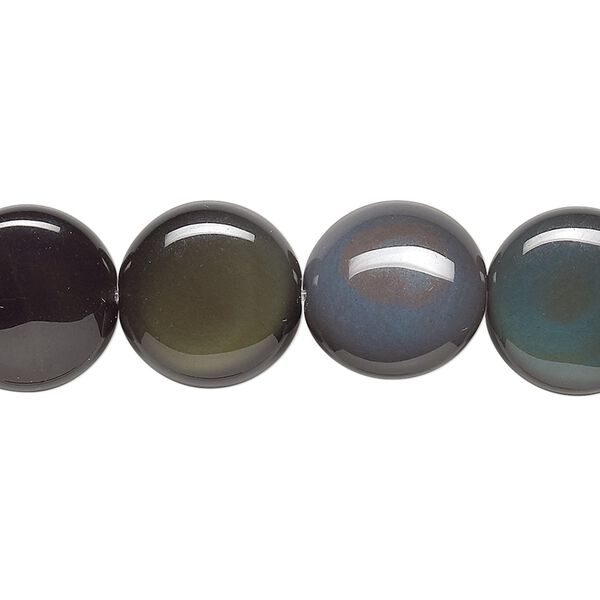 Rainbow obsidian 1pkg1, flat round bead natural 8 inch 14mm image number 0