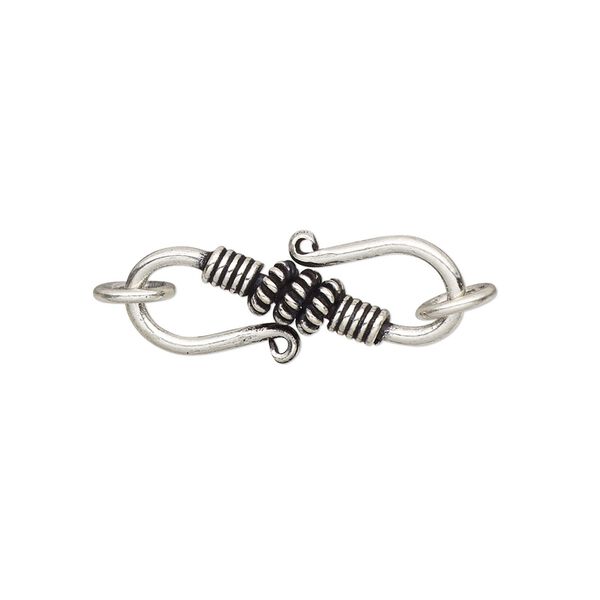Clasp, S-hook, antiqued sterling silver, 24x10mm with rope and line design and 2 jump rings. Sold individually. image number 0