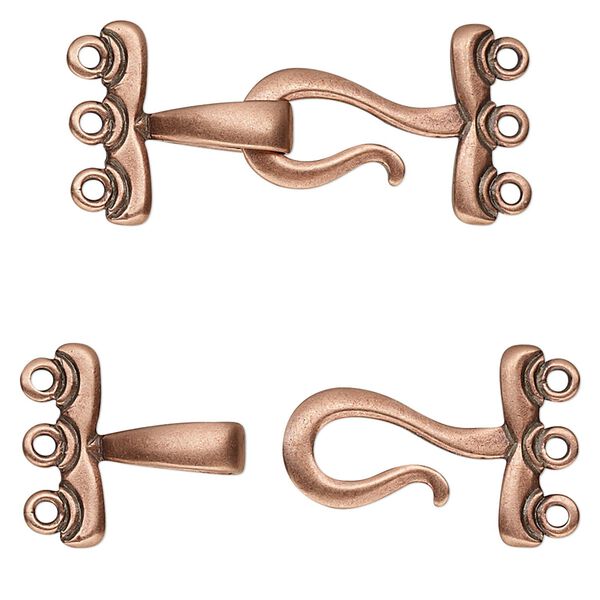 Clasp, JBB Findings, 3-strand hook-and-eye, antique copper-plated brass, 28x15mm. Sold individually. image number 0