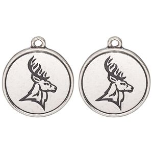 Drop, antique silver-finished "pewter" (zinc alloy) and enamel, black, 21mm round with elk head design. Sold per pkg of 2.
