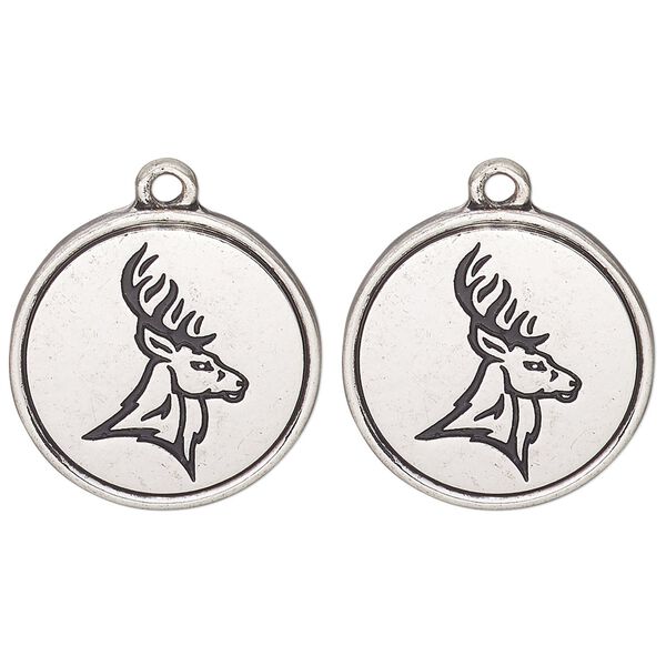 Drop, antique silver-finished "pewter" (zinc alloy) and enamel, black, 21mm round with elk head design. Sold per pkg of 2. image number 0