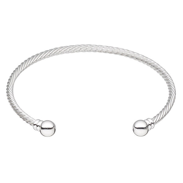 Bracelet, cuff, silver-plated brass, 3.5mm twisted wire with 8mm threaded ball end, adjustable from 9 to 9-1/2 inches. Sold individually. image number 0
