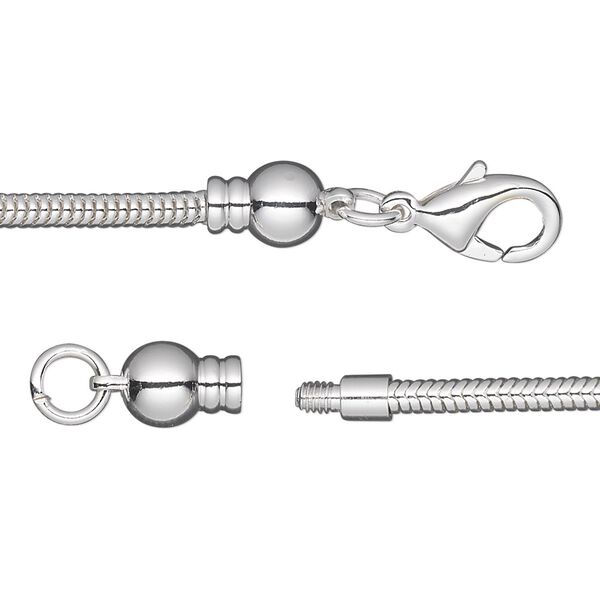 Dione® Easy-On Chain, silver-plated brass, 2.6mm snake, 18 inches with 3.3mm threaded ball end and lobster claw clasp. Sold individually. image number 0