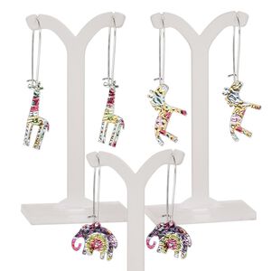 Earring mix, mylar / imitation rhodium-plated steel / "pewter" (zinc-based alloy), multicolored, 2 to 2-1/2 inches with elephant / giraffe / horse and kidney ear wire. Sold per pkg of 3 pairs.