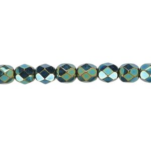 Bead, Czech fire-polished glass, opaque iris green, 6mm faceted round. Sold per 15-1/2" to 16" strand.