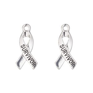 Charm, antique gold-finished "pewter" (zinc-based alloy), 18x10mm single-sided awareness ribbon with "survivor". Sold per pkg of 2.