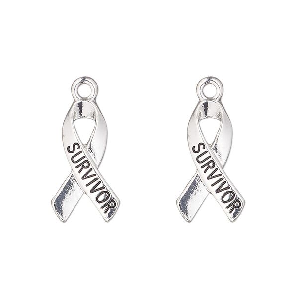 Charm, antique gold-finished "pewter" (zinc-based alloy), 18x10mm single-sided awareness ribbon with "survivor". Sold per pkg of 2. image number 0