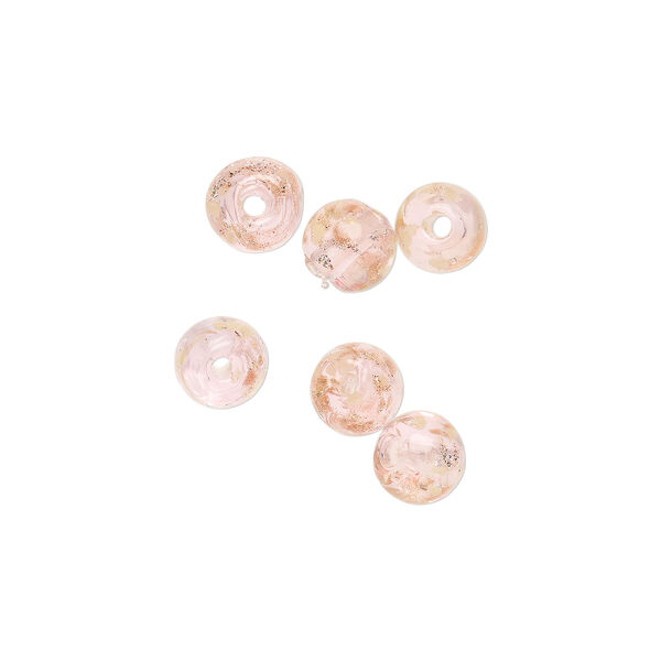 Bead, lampworked glass, clear / pink / glow-in-the-dark / gold, 6mm round. Sold per pkg of 6. image number 0