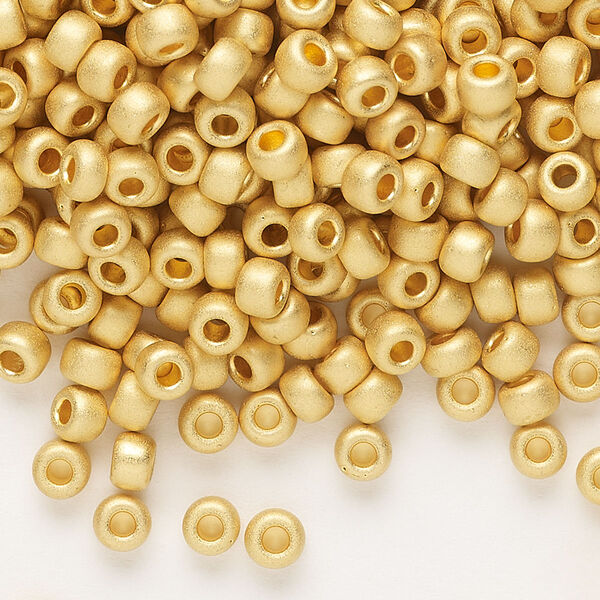 Seed bead, Miyuki, glass, pkg/250g, #6 rocaille, opaque 24Kt gold-plated matte (RR-191F). image number 0