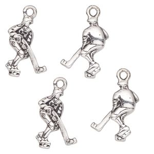 Charm, antique silver-finished "pewter" (zinc-based alloy), 18x14mm single-sided hockey player. Sold per pkg of 4.