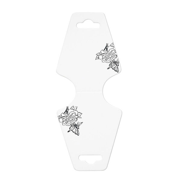 Necklace card, paper, opaque white and silver, 1-3/4 x 2-1/4 inch assembled with double-sided butterfly and flower design. Sold per pkg of 100. image number 0