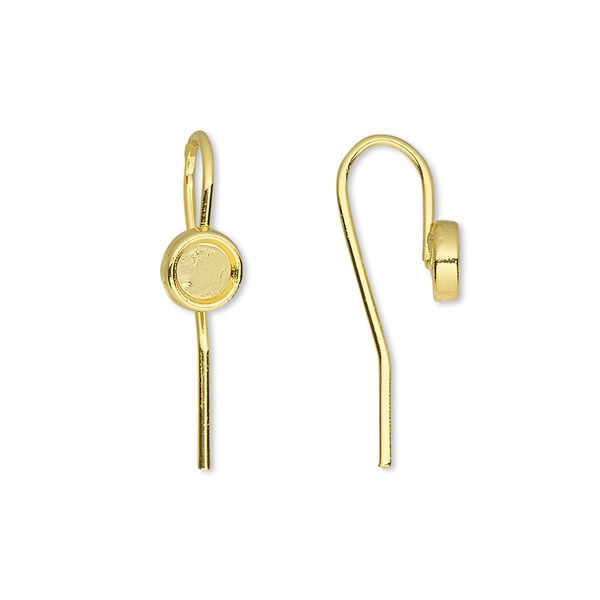 Ear wire, Almost Instant Jewelry®, gold-finished brass, 13mm fishhook with 4mm round glue-in setting, 18 gauge. Sold per pkg of 5 pairs. image number 0