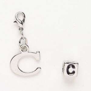 Charm and bead 1pkg2 antiqued silver-finished "pewter" (zinc-based alloy) / steel / enamel, black, 15x12mm "C" with lobster claw clasp and 7mm cube with "C".