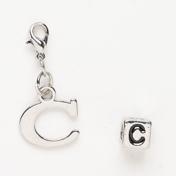 Charm and bead 1pkg2 antiqued silver-finished "pewter" (zinc-based alloy) / steel / enamel, black, 15x12mm "C" with lobster claw clasp and 7mm cube with "C". image number 0