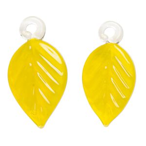 Drop, lampworked glass, transparent yellow, 24x16mm handmade single-sided leaf. Sold per pkg of 2.