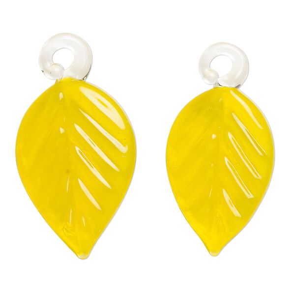 Drop, lampworked glass, transparent yellow, 24x16mm handmade single-sided leaf. Sold per pkg of 2. image number 0