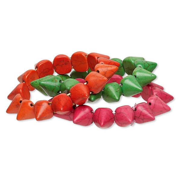 Bracelet, stretch, "turquoise" (imitation) resin, pink / orange / green, 14mm spike, 7 inches. Sold per pkg of 3. image number 0