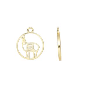 Charm Amoracast® 1pkg1 sterling silver, 12mm 2-sided open llama round, "vermeil" (gold finish)