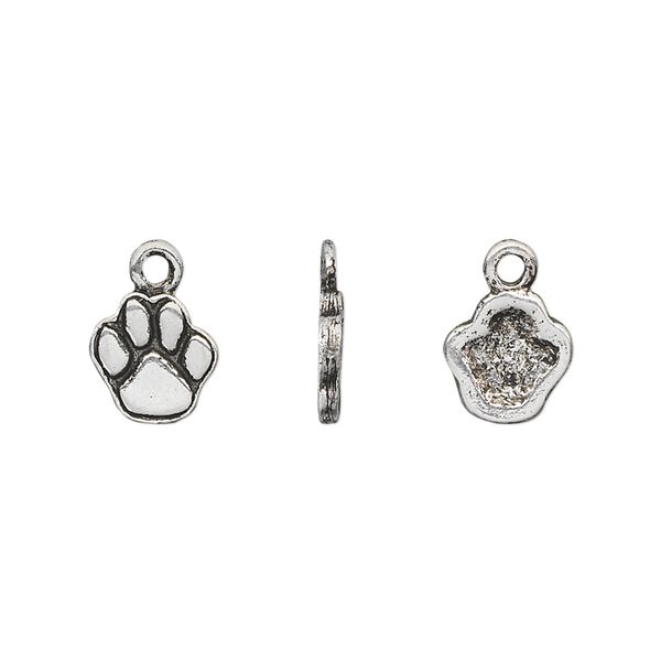 Charm, pewter (tin-based alloy), pkg/1, antique silver plate, 12.5x9mm paw print. image number 0