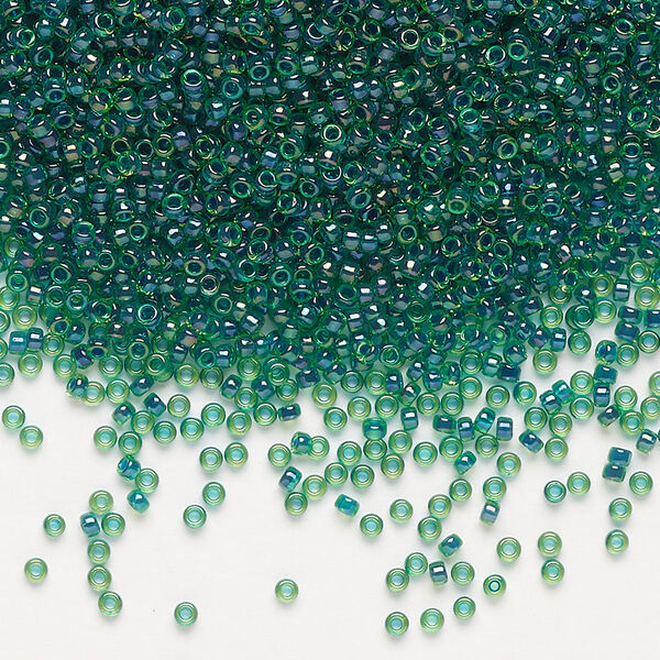Seed bead, Miyuki, glass, pkg/250g, #15 rocaille, translucent dark blue-lined luster green (RR-332). image number 0