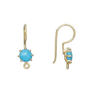 Ear wire fishhook 1pkg2 sterling silver, 22mm / 7.5mm hand-cut faceted round / closed loop, 19 gauge gold-finished resin / "turquoise" 1 pair