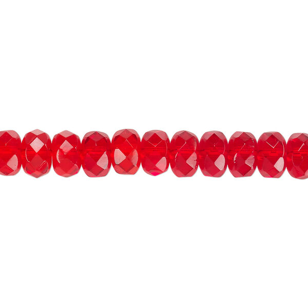Bead, Czech fire-polished glass, light red, 7x5mm faceted rondelle. Sold per 15-1/2" to 16" strand. image number 0