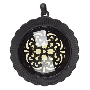 Pendant, acrylic and steel, black and yellow, 55mm matte round with flower design. Sold individually.