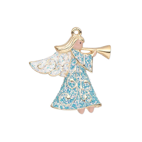 Charm, gold-finished "pewter" (zinc-based alloy) and enamel, blue / white / peach, 25x24mm single-sided angel with horn and glittery wings and robe. Sold individually. image number 0