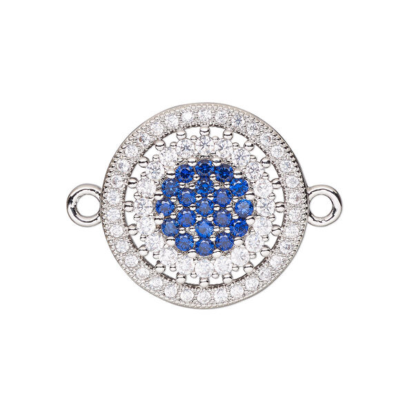 Link, cubic zirconia and silver-finished brass, clear and dark blue, 19mm single-sided round. Sold individually. image number 0