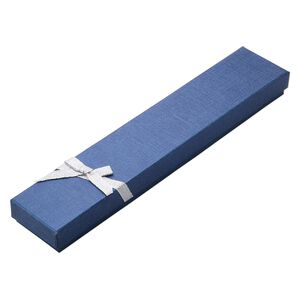 Gift box, paper and foam, blue / silver / white, 8-1/2 x 1-1/2 x 3/4 inch rectangle with ribbon and bow. Sold per pkg of 12.