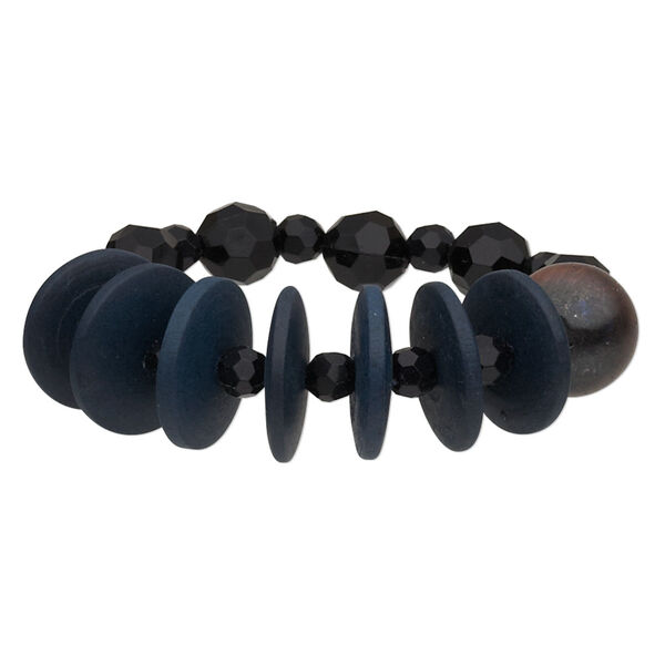 Bracelet, stretch, wood (dyed) / acrylic / antique copper-coated plastic, black and dark blue, 19.5mm wide with flat round, 5-1/2 inches. Sold individually. image number 0