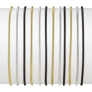 Bracelet, stretch, steel / gold- / silver-finished steel, black, 2mm wide, 7-1/2 inches. Sold per pkg of 12.