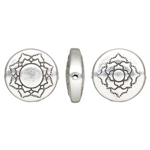 Bead, TierraCast®, "Soulful Spirit" collection, antique silver-plated pewter (tin-based alloy), 14mm two-sided flat round with lotus design. Sold per pkg of 10.