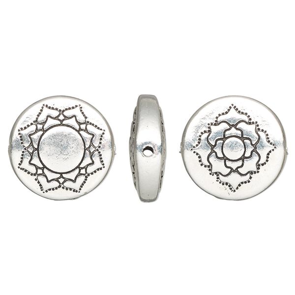 Bead, TierraCast®, "Soulful Spirit" collection, antique silver-plated pewter (tin-based alloy), 14mm two-sided flat round with lotus design. Sold per pkg of 10. image number 0