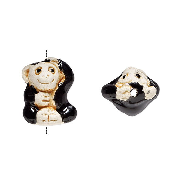 Bead, glazed ceramic, tan and black, 16x12mm hand-painted monkey. Sold per pkg of 2. image number 0