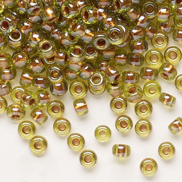 Seed bead, Miyuki, glass, pkg/25g, #6 rocaille, opaque copper pearl-lined chartreuse, (RR-3805). image number 0