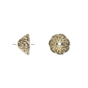 Bead cap, antique gold-finished "pewter" (zinc-based alloy), 10.5x6mm fancy leaf, fits 6-8mm bead. Sold per pkg of 20.