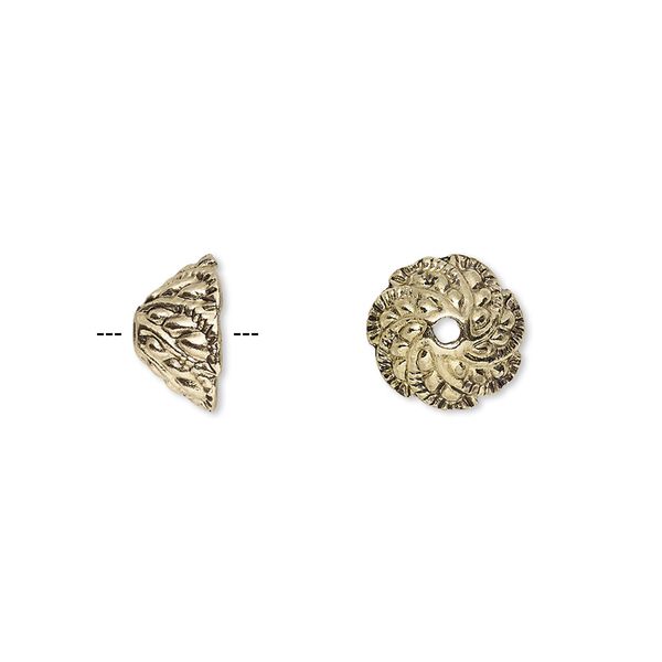 Bead cap, antique gold-finished "pewter" (zinc-based alloy), 10.5x6mm fancy leaf, fits 6-8mm bead. Sold per pkg of 20. image number 0