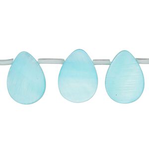 Bead, mother-of-pearl shell (dyed), blue, 16x7mm-16x11mm top-drilled flat teardrop, Mohs hardness 3-1/2. Sold per 14-inch strand, approximately 25 beads.