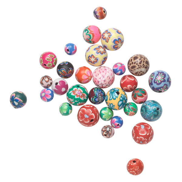 Bead mix, polymer clay, multicolored, 6-10mm round with mixed designs. Sold per pkg of 30. image number 1