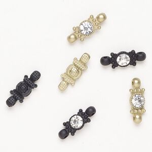 Link 1pkg6 "pewter" (zinc-based alloy) / glass rhinestone, 11x8mm fancy rectangle, assortment matte gold finish / matte black finish / clear