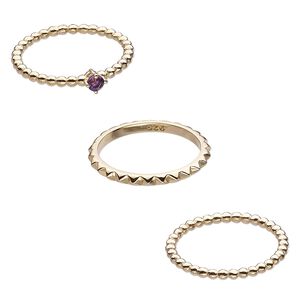 Ring, amethyst (natural) and gold-finished sterling silver, 2mm wide spiked band / 2mm / 4mm wide beaded band, size 8. Sold per 3-piece set.