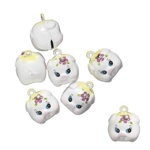 Bell, brass / enamel / glass rhinestone, multicolored, 18x17mm pig with clapper. Sold per pkg of 6.
