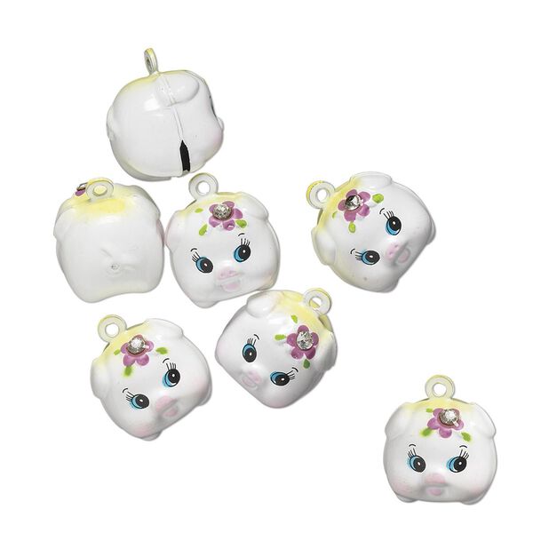 Bell, brass / enamel / glass rhinestone, multicolored, 18x17mm pig with clapper. Sold per pkg of 6. image number 0