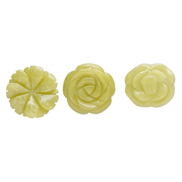 Serpentine 1pkg3, top-drilled carved flower focal natural B grade, mix 34x30mm-35x34mm image number 0