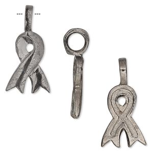 Bail, glue-on, gunmetal-plated pewter (tin-based alloy), 26x13mm with 18x13mm awareness ribbon, 4.5mm inside diameter. Sold individually.