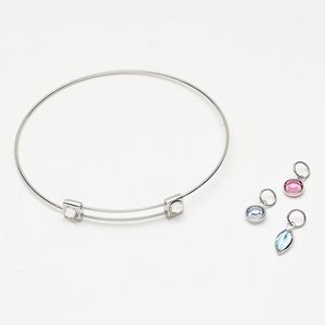 Bracelet bangle drop 1pkg4 "pewter" (zinc-based alloy) / crystal, silver finish / multicolored 8 inches adjustable
