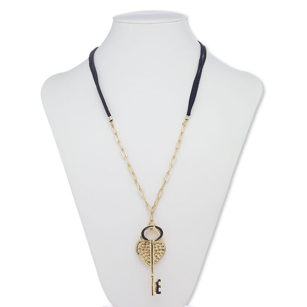 Necklace, glass rhinestone / faux suede / gold-finished steel / "pewter" (zinc-based alloy), black and clear, 2-3/4 x 3/4 inch key and 40x30mm heart, 32 inches with 2-inch extender chain and lobster claw clasp. Sold individually. image number 0