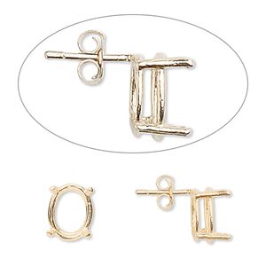 Earstud 1pkg2 Sure-Set™ 14Kt gold, 10x8mm oval pre-notched 4-prong basket-style setting / earnuts, 1 pair